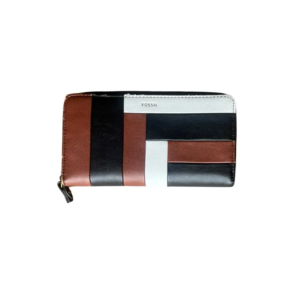 Fossil Multi-Color Patch Work Multi Zip Leather Wallet Clutch Wallet Vintage - Picture 1 of 8